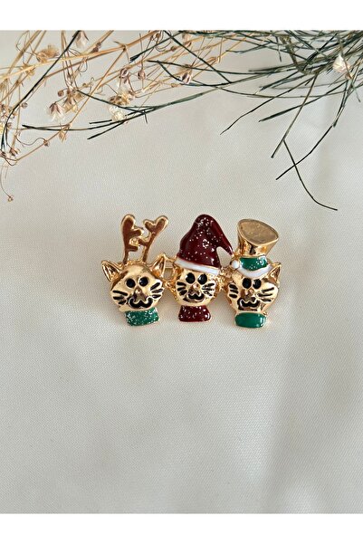 mibrillo Yeni Yıl Yılbaşı Temalı Üçlü Kedili Broş