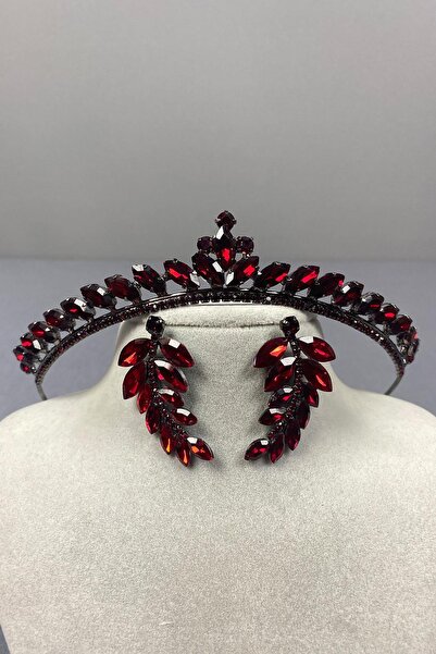 Limelia Set de cercei și coroană de henna de mireasă Ece Burgundy cu piatră d...