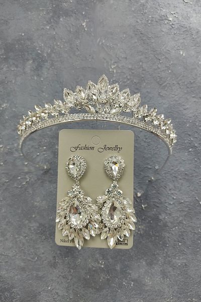 Hayalperest boncuk Leyn Model Bridal Crown and Drop Shuttle Stone Earrings
