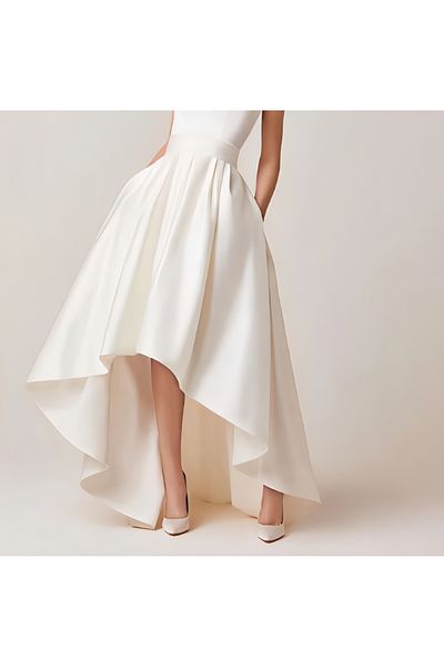 NSMLİFE Women's Asymmetrical Pocketed Minimalist Wedding Wedding Skirt Simple Stylish Satin Skirt