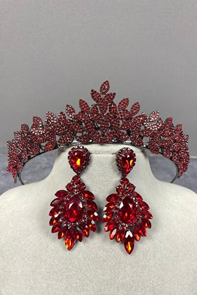 Limelia Set de coroană și cercei cu henna de mireasă Red Sara Sık Stone