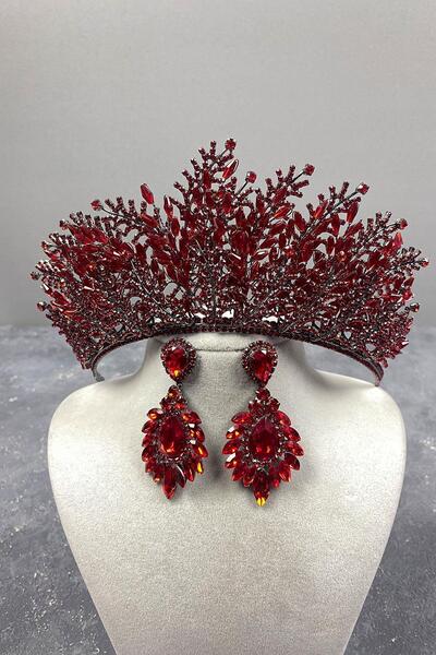 Limelia Set de coroană și cercei de mireasă cu mărgele roșii Nairobi brodate