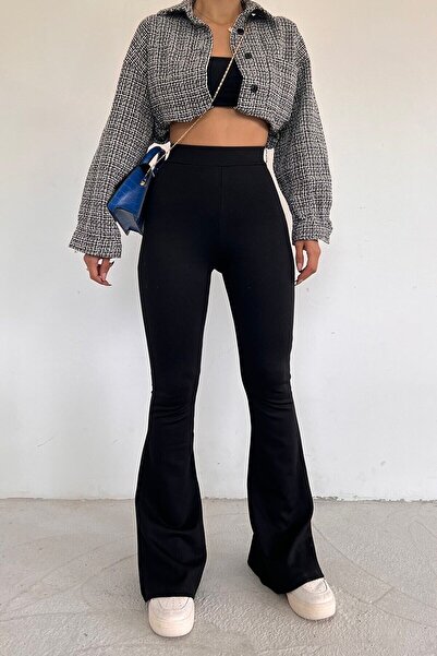 TÜCCAR UMUT Kadın Siyah Ispanyol Paça Dalgıç Kumaş Pantolon Tayt Yüksek Bel L...