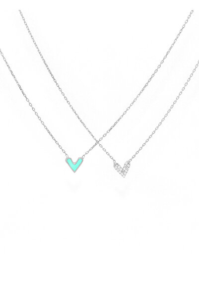 OJ Own Jewelry Kalp Kolye Minimal Çift Taralı Mineli Zirkon Taşlı Rodyum Kapl...