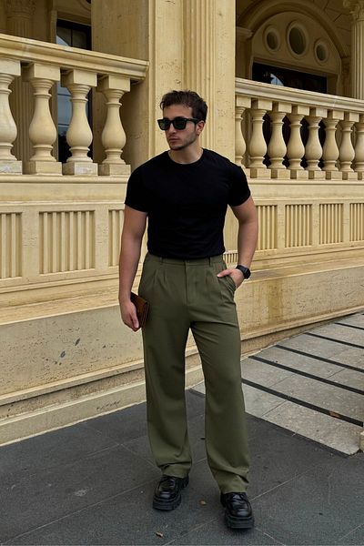 Livio Ferri Men's Fabric Baggy Fit Pleated Pants