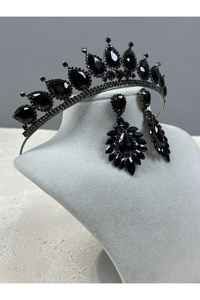 Hayalperest boncuk Black Neri Model Wedding Henna Costume and Shuttle Earring Set - Crown and Drop Detailed