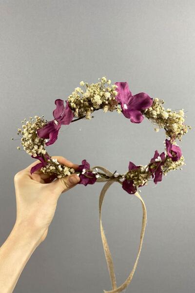 Limelia Булчинска корона за открито от сухи цветове на хортензия в бордо и шо...