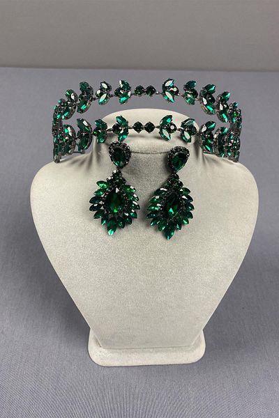 Hayalperest boncuk Alpha Model Double Row Bridal Henna Crown and Shuttle Earrings
