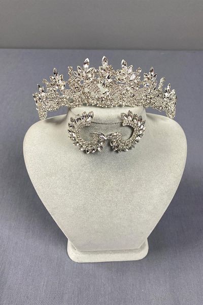 Hayalperest boncuk Silver Belur Bridal Crown and Round Earring Set