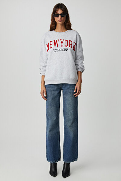 ETHIQUET JORDIN Kadın Uzun Kollu Yuvarlak Yaka Önü Aplike Nakışlı Düşük Omuz Oversize Grimelanj Sweatshirt