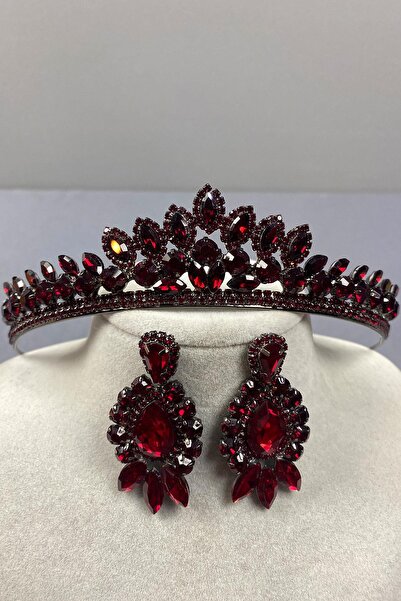 ESPEREST Claret Red Leyn Bridal Henna Crown and Drop Stone Earring Set