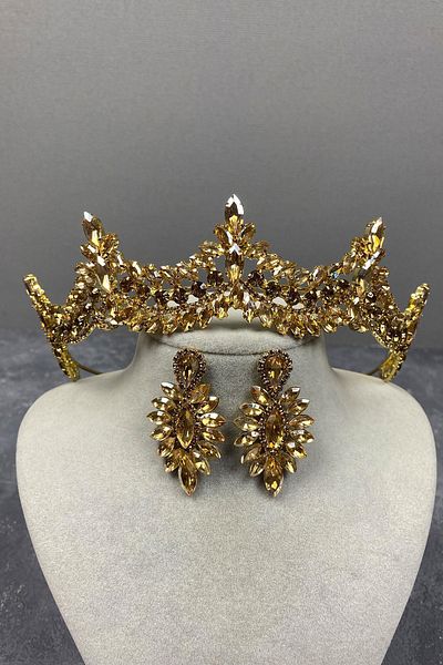 Hayalperest boncuk Honey Colored Venice Stoned Bridal Henna Crown and Drop Earring Set