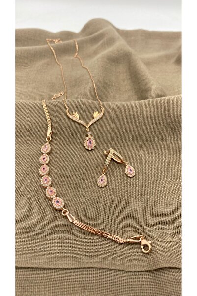SURA SILVER PEMBE DAMLA MODEL ZİRKON TAŞLI 925 AYAR GÜMÜŞ SET (KOLYE,BİLEKLİK...