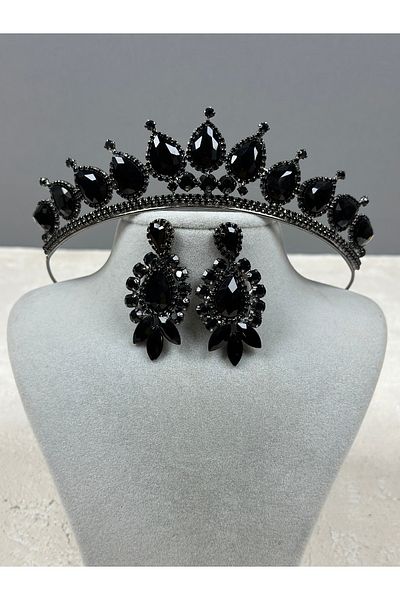 Hayalperest boncuk Black Neri Model Wedding Costume - Crown and Shuttle Drop Earring Set