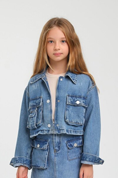 Escabel Kız Çocuk 5-14 Yaş Kargo Cepli Crop Kot Ceket 24205 Kot Mavi