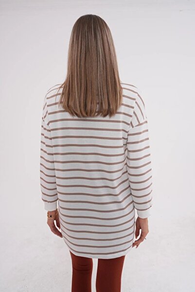 MD trend Women's Zippered Collar Striped Oversize Tunic Sweatshirt