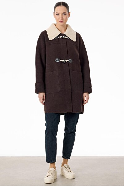 Tığ Triko Çoban Düğme Detaylı Triko Kaban KAHVE