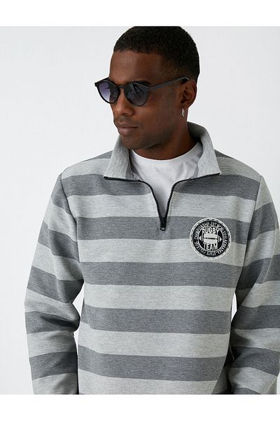 Koton College Sweatshirt Ribbon Stand Collar Zipper Detailed Color Block