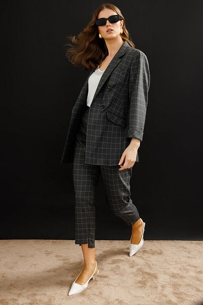 Ekol Black Plaid Jacket - Button Detailed