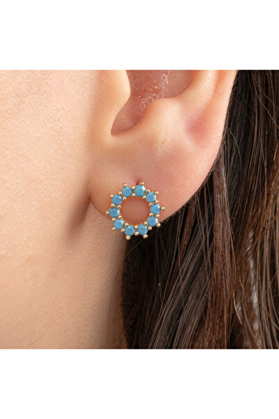 FasekGold Altın Küpe - 14 Ayar Altın Yuvarlak Firuze (Turkuaz) Taşlı Küpe