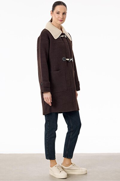 Tığ Triko Çoban Düğme Detaylı Triko Kaban KAHVE