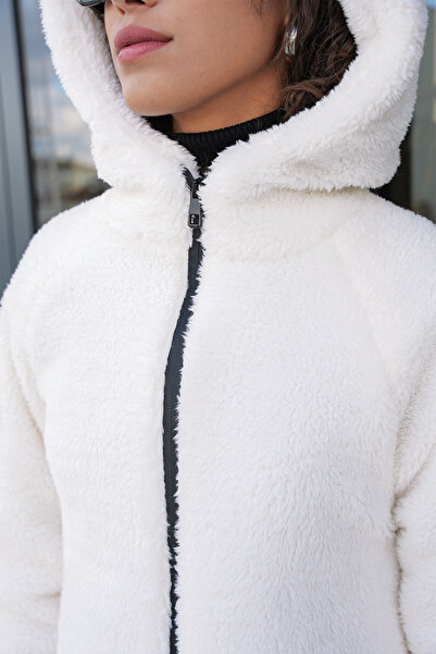 Bigdart 9132 Kapüşonlu Peluş Kaban - Krem