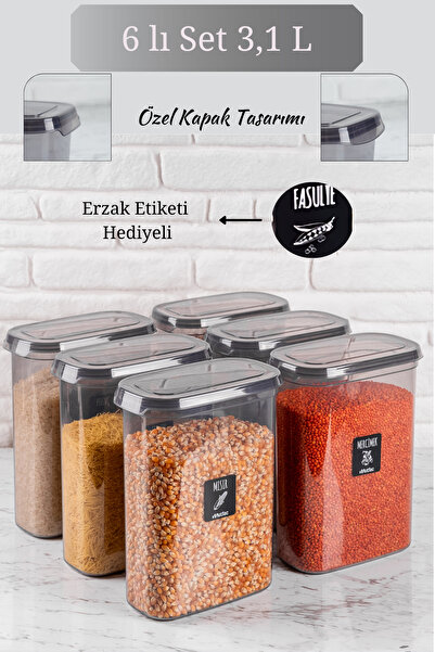 HomeDesigner 6 lı Dikdörtgen Saklama Kabı 3,1 L Erzak Bakliyat Baharatlık Sak...