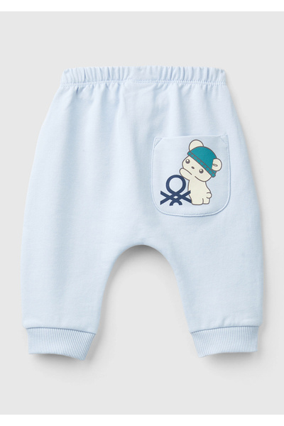 United Colors of Benetton Bebek Toz Mavi Arkası Logo Detaylı Beli Lastikli Büzgü İpli Eşofman Altı