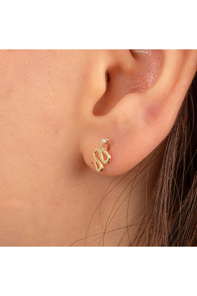 FasekGold Altın Küpe - 14 Ayar Altın Yılan Desenli Taşlı Minimal Küpe