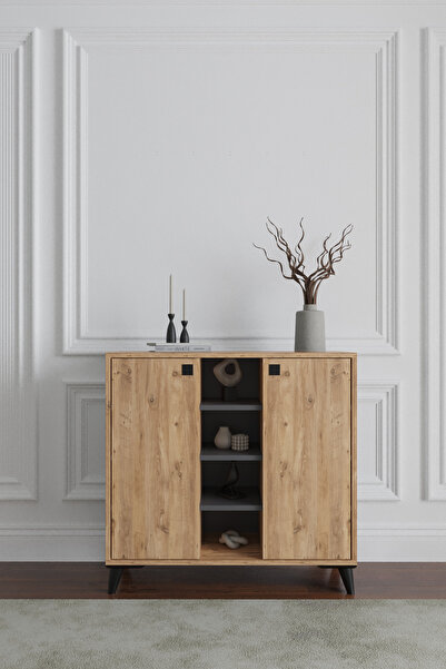 AYMOBSAN Misty 2 Kapaklı Konsol, Çok Amaçlı Dolap, 90 Cm, Atlantik Çam - Antr...