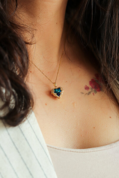 ATALYA ACCESSORY Okyanusun Kalbi Parlak Mavi Taşlı Kalp Gold Renk Kadın Çelik...