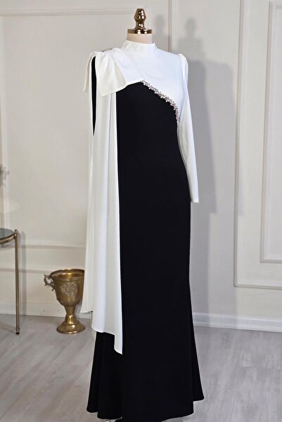 Yonca Moda Evi Beyaz Siyah Beyaz Tesettür Abiye 4066