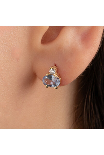 FasekGold Altın Küpe - 14 Ayar Altın Oval Blue Topaz Taşlı Tektaş Küpe