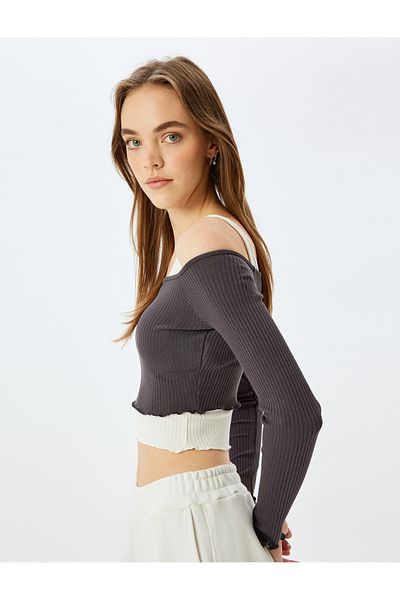 Koton Long Sleeve Tank Top Boat Neck Crop Camisole Slim Fit T-Shirt