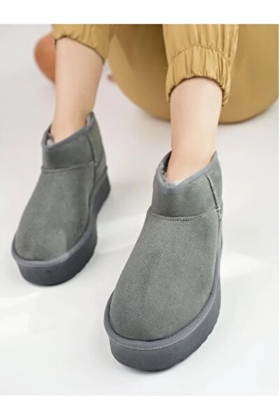 MODA Gri Peluş Içi Tüylü Yüksek Dolgu Taban Kadın Günlük Bot