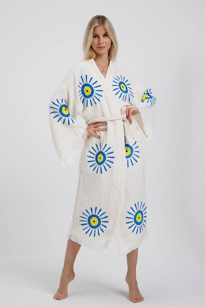 Befera Design Kimono de muselină 100% bumbac cu model imprimat cu mărgele de ochi rău Robă de baie caftan