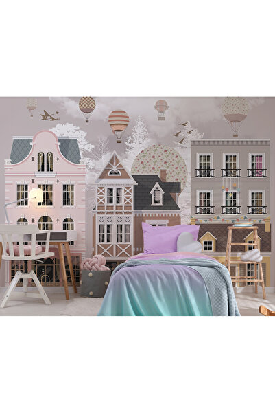 Tasarım Şehir Temalı Evler ve Balonlar Çocuk Odası Duvar Kağıdı