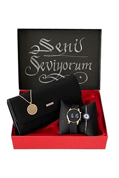 GulShop Kadın Dijital Kol Saati Cüzdan Kolye Ve Bileklik Özel Hediye Seti