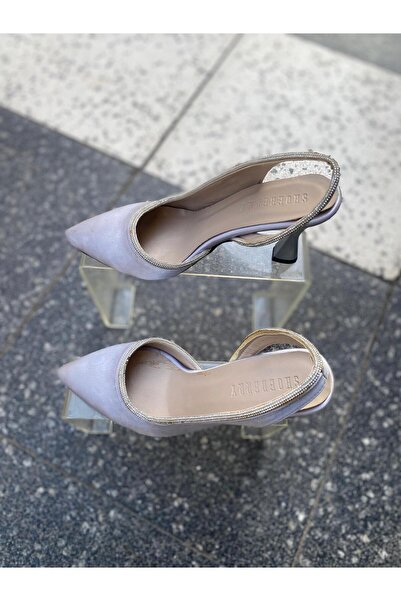 Aysun Ayakkabı gri dış meteryal saten taş aksesuarlı kadeh topuklu kadın ayakkabı