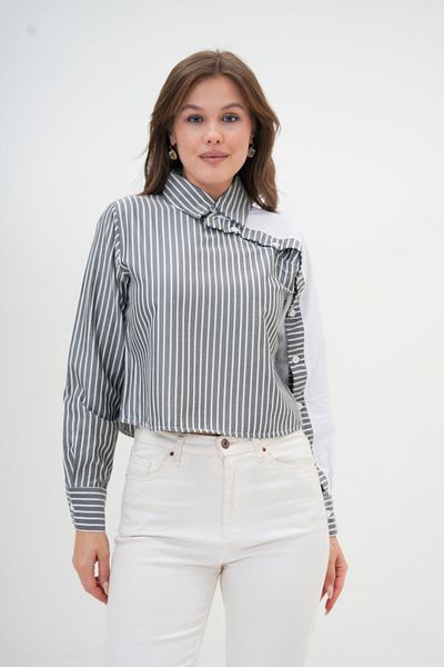 MAMAYAGA Cămașă bluză cu mâneci cu rever cu design special pentru femei, cu garnitură în dungi