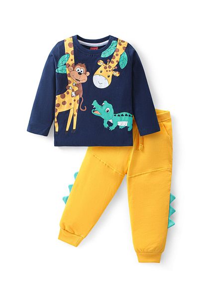 Babyhug - T-Shirt & Lounge Pants Set With Animals Print - Blue & Yellow