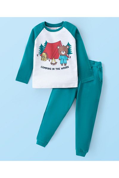 Babyhug Cotton Knit Raglan Sleeves T-Shirt & Lounge Pants Set With Camping Print - White & Green