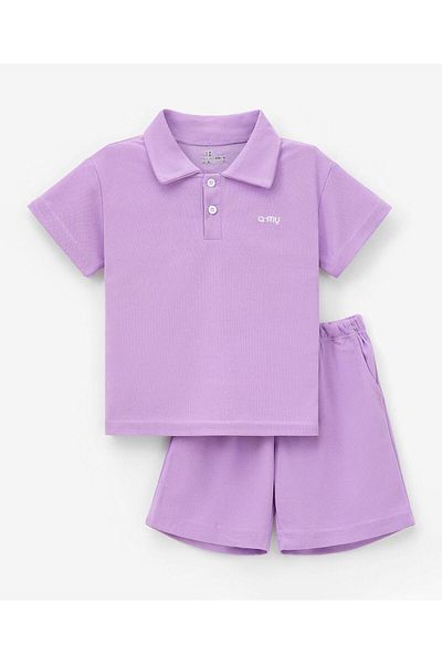 SAPS A-my Embroidered Polo T-Shirt & Shorts Co-ord Set - Purple