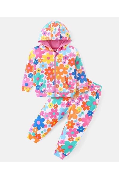 Babyhug Cotton Knit Full Sleeves Hooded Front Zipper Floral Top & Lounge Pants Co-Ord Set-Multicolor