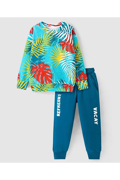 Ollington St. Ollington St. 100% Cotton Knit Full Sleeves Sweatshirt & Joggers Set Tropical Theme  - Multicolor