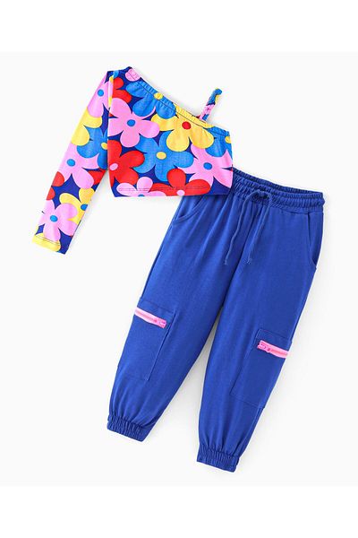 Ollington St. Ollington St. Cotton Lycra Knit One Shoulder Full Sleeves Floral Top & Cargo Joggers Set-Multicolor
