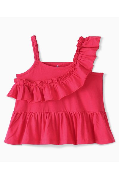 Ollington St. Ollington St. 100% Cotton Knit One Shoulder Frilled Top & Floral Printed Culottes - Pink & Blue