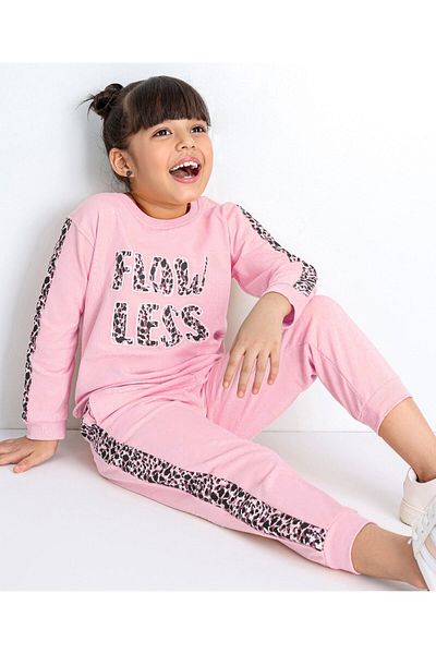 Ollington St. OLLINGTON ST. -Cotton Knit Full Sleeves Text Print Sweatshirt & Joggers Winter Wear Co-Ord Set-Pink