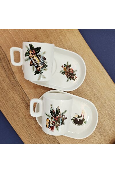 Mimoza Porselen Fener, trompet, kitap ve çan  desen kahve fincanı 2'li takım