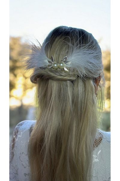 Eva Flore White Feather Silver Leaf Bridal Comb Hairpin, Bridal Hair Accessory 2 Pieces